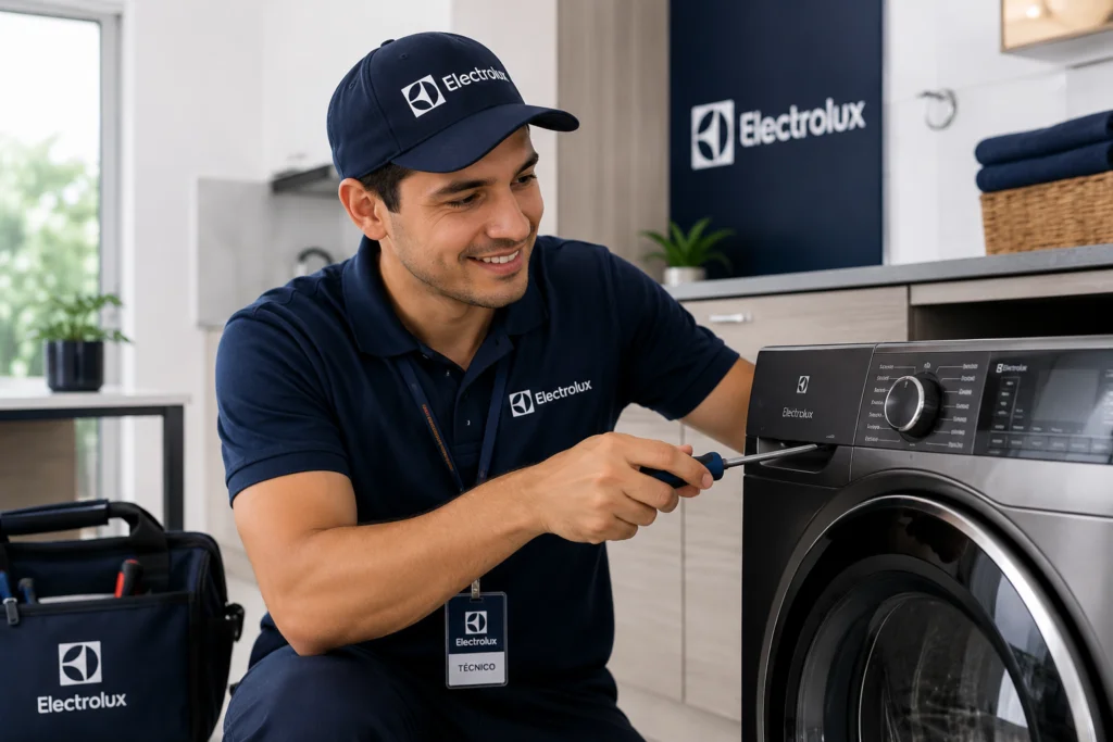 Técnico autorizado Electrolux reparando una lavadora en Bucaramanga
