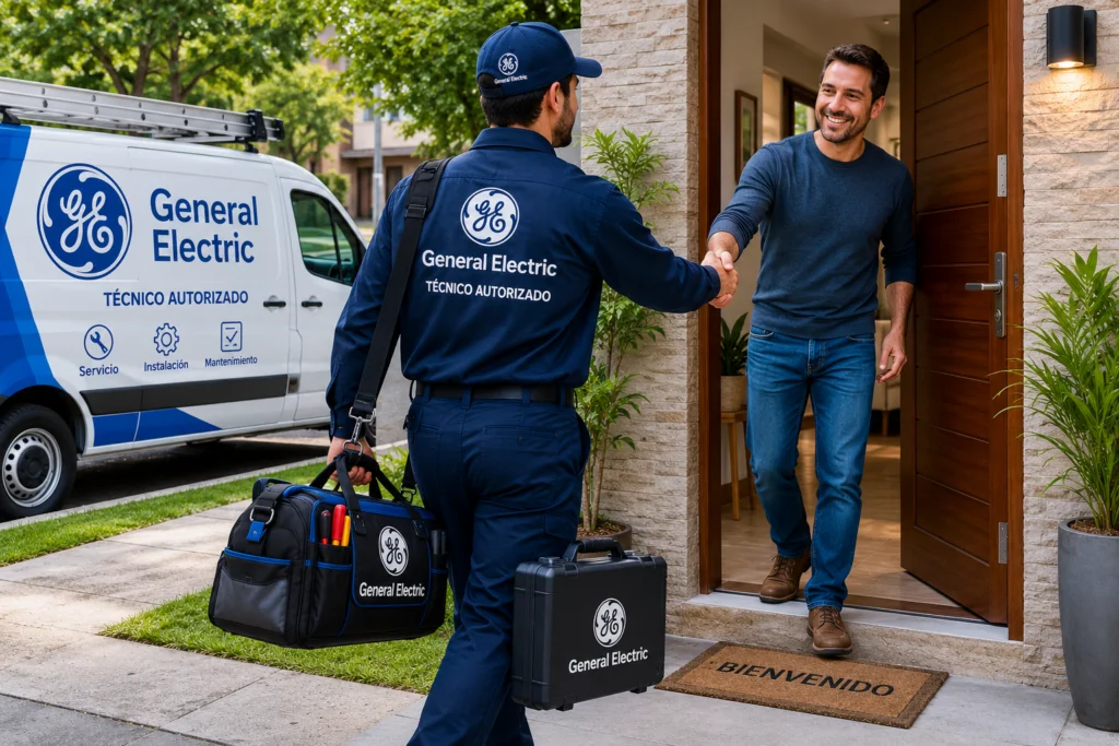 Técnico autorizado General Electric saludando a un cliente en Bucaramanga