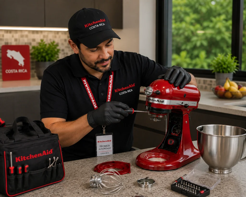 Técnico autorizado KitchenAid reparando una batidora Artisan en Bucaramanga