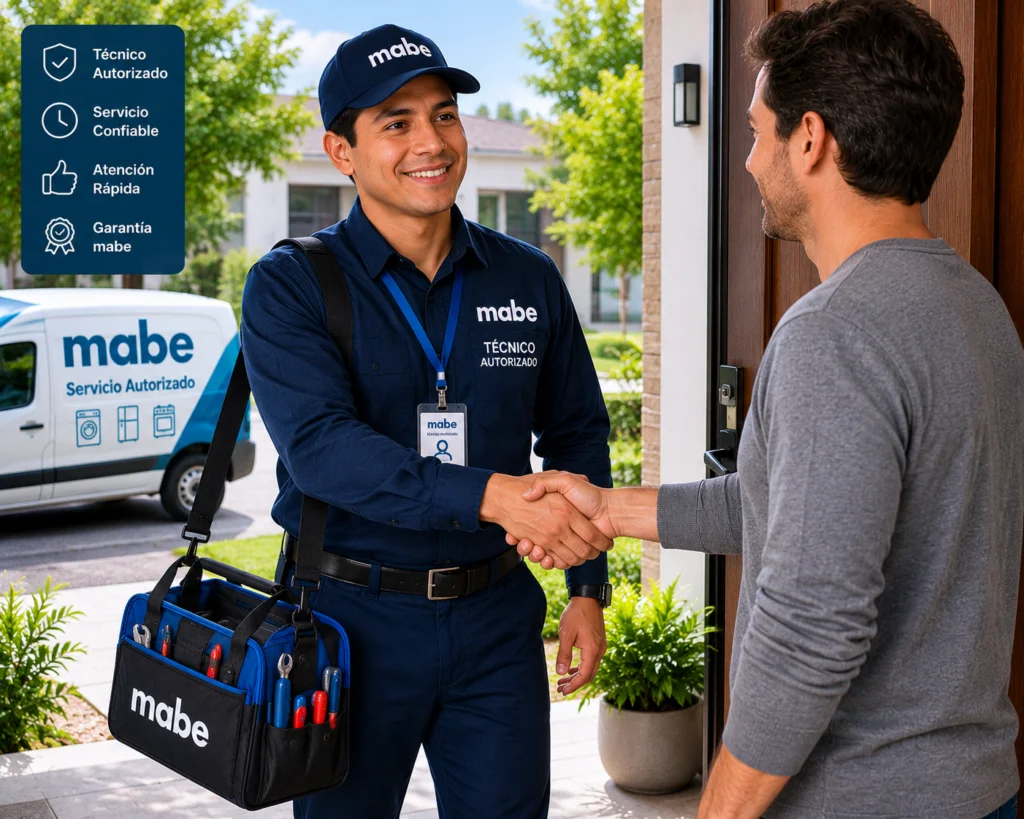 Técnico autorizado Mabe saludando a un cliente en la puerta de su casa en Bucaramanga