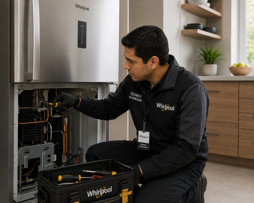 Técnico autorizado Whirlpool documentando una reparación en Bucaramanga